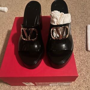 Valentino Garavani Black Patent Logo Slide Sandals with Gold Hardware